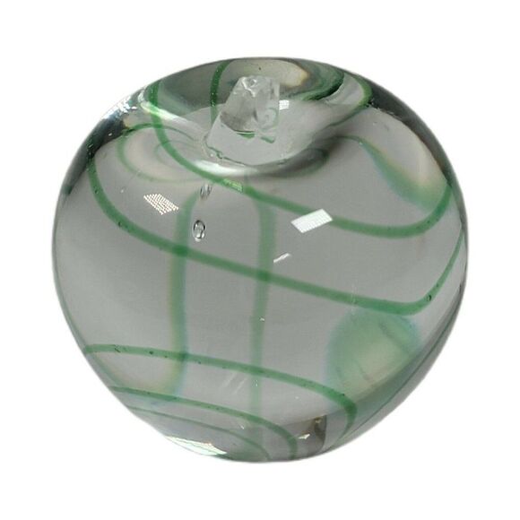 Vintage Hand Blown Clear Crystal Green Apple Swirls Paper Weight DAMAGED STEM 3” - Picture 1 of 7